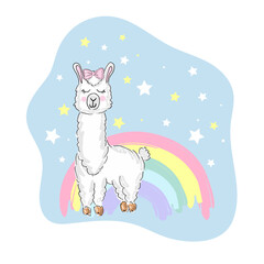 Hand drawn vector illustration with cute sleeping llama moon, stars. Scandinavian style flat design. Concept for children print. © Evgeniya Sheydt