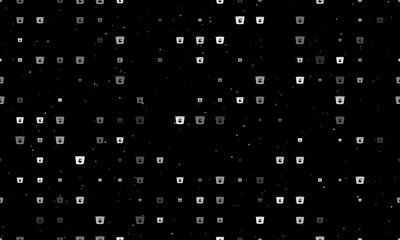 Seamless background pattern of evenly spaced white instant noodles symbols of different sizes and opacity. Vector illustration on black background with stars