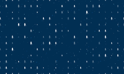 Seamless background pattern of evenly spaced white samurai symbols of different sizes and opacity. Vector illustration on dark blue background with stars