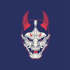 Japanese Demon Oni Mask Logo Design vector illustration,it can be used for shirt design or poster	
