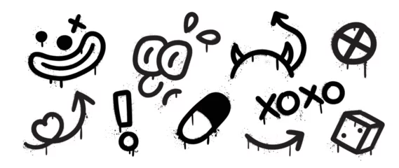 Zelfklevend Fotobehang Set of graffiti spray pattern vector illustration. Collection of spray texture arrow, heart, devil, pill, dice, clown face, symbol. Elements on white background for banner, decoration, street art. © TWINS DESIGN STUDIO