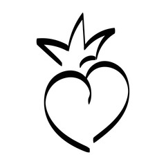 Hand drawn crowned heart. Doodle princess, king and queen crown on heart, sketch love crowns. Wedding card logo, doodle hearts in crowns. 