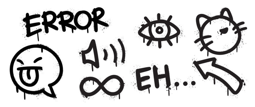Fototapeta Set of graffiti spray pattern vector illustration. Collection of spray texture teasing emoticon, eye, infinity, arrow, cat, speaker. Elements on white background for banner, decoration, street art.