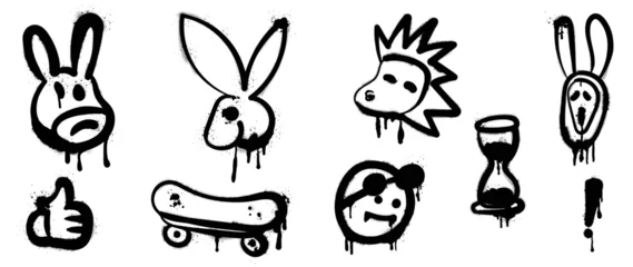 Foto op Plexiglas Set van graffiti spray patroon vectorillustratie. Verzameling van griezelig dierenmasker met spraytextuur, konijn, leeuw, duim omhoog, skateboard. Elementen op witte achtergrond voor banner, decoratie, straatkunst. © TWINS DESIGN STUDIO