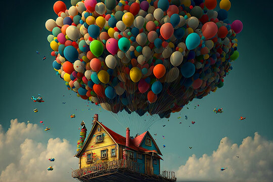 Flying House, Colorful Balloons Tied To The Flying House