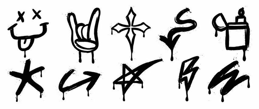 Set of graffiti spray pattern vector illustration. Collection of spray texture teasing face, shaka hand sign, star, arrow, lighter. Elements on white background for banner, decoration, street art.