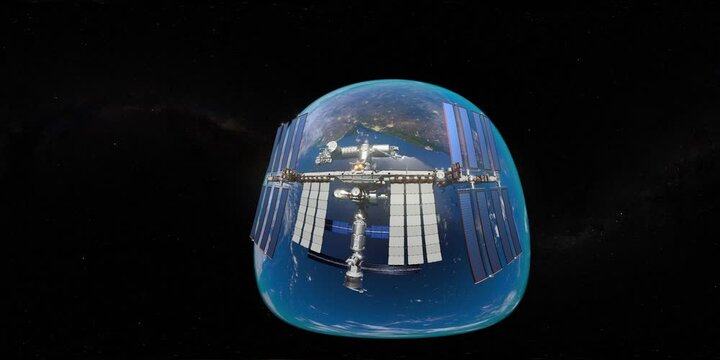 360 degree VR space video with Planet Earth and International Space Station, ISS, equirectangular projection, environment map. HDRI spherical panorama.	