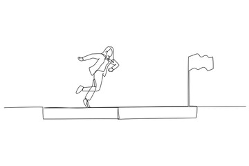 Cartoon of arab businessman run on progress bar to achieve success flag concept of progress. One line art style