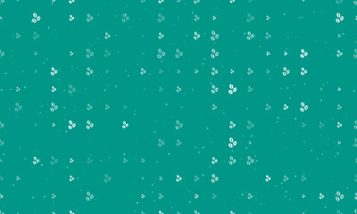Seamless background pattern of evenly spaced white coffee beans symbols of different sizes and opacity. Vector illustration on teal background with stars