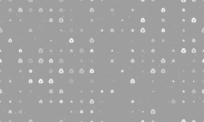 Seamless background pattern of evenly spaced white instant coffee symbols of different sizes and opacity. Vector illustration on gray background with stars