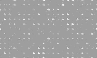 Seamless background pattern of evenly spaced white piece of cake symbols of different sizes and opacity. Vector illustration on gray background with stars