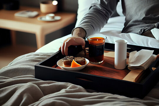Breakfast in bed on table tray