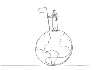 Illustration of arab businessman climb up ladder holding winning flag on globe winning global business competition. Single line art style