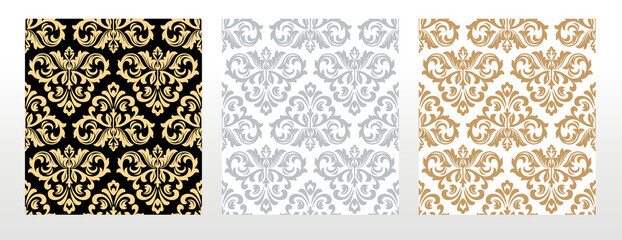 Wallpapers in the style of Baroque. Seamless vector backgrounds. Set of colored floral ornaments. Graphic patterns for fabric, wallpaper, packaging. Ornate Damask flower ornaments