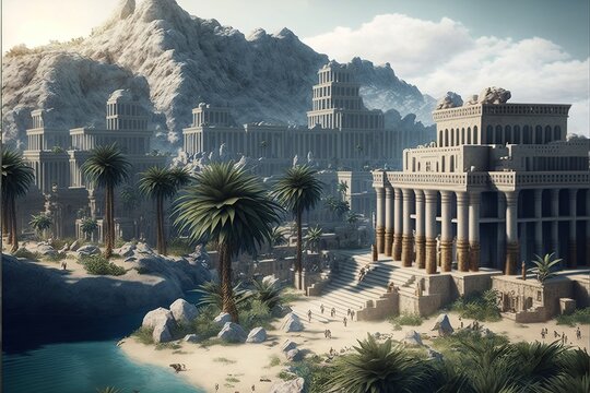 A coastal town found in babylon, persia, with a luxurious jungle and vegetation.