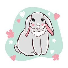 cute little rabbit icon print hare on green with flowers and hearts. 2d illustration