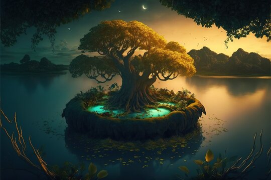 A golden tree in the middle of a island surrounded by a lake. A fantasy environment full of nature, druids and fae.