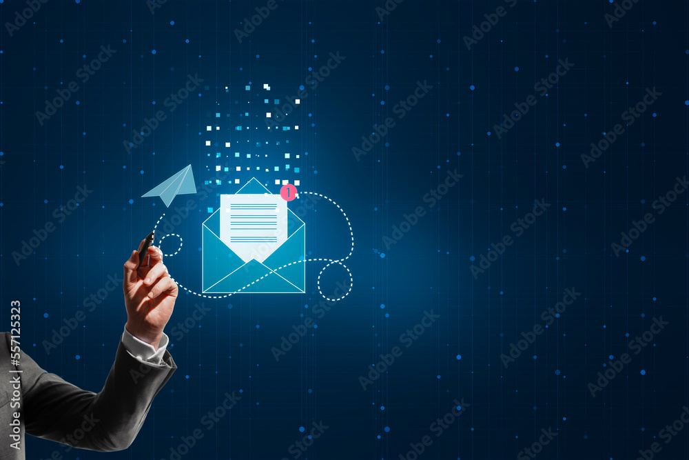 Poster close up of businessman hand pointing at glowing mail notification on dark background. newsletter, s
