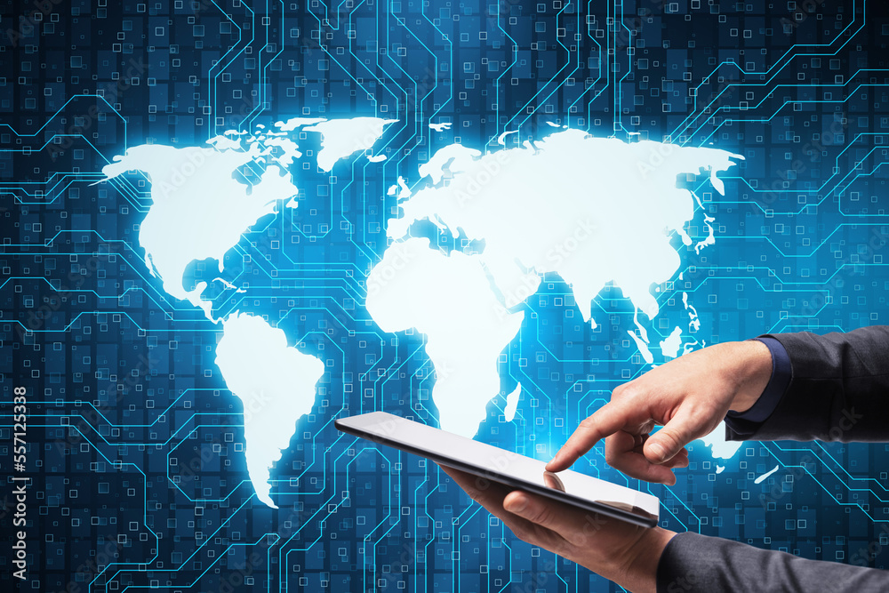 Poster close up of businessman hand pointing at mobile phone with creative digital futuristic circuit map h