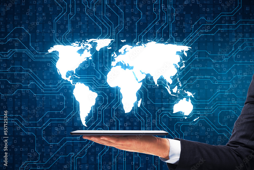 Poster close up of businessman hand holding tablet with creative digital futuristic circuit map hologram. d