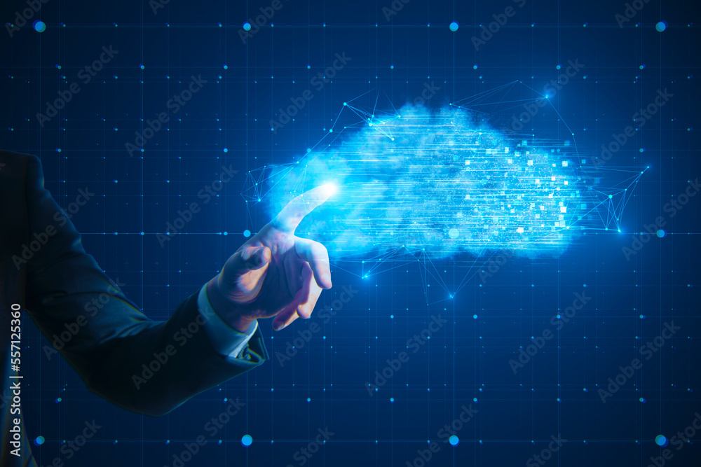Poster close up of businessman hand pointing at digital glowing polygonal cloud mesh on blurry blue backgro