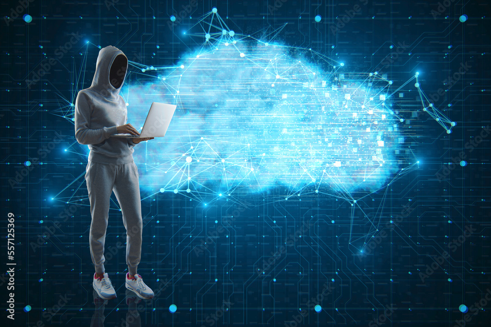 Aufkleber Hacker using laptop with digital glowing polygonal cloud mesh on blurry blue background. Storage technology concepts, theft, transfer data to cloud computing platforms.