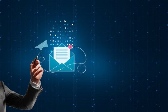 Close up of businessman hand pointing at glowing mail notification on dark background. Newsletter, social media and communication concept. - Powered by Adobe