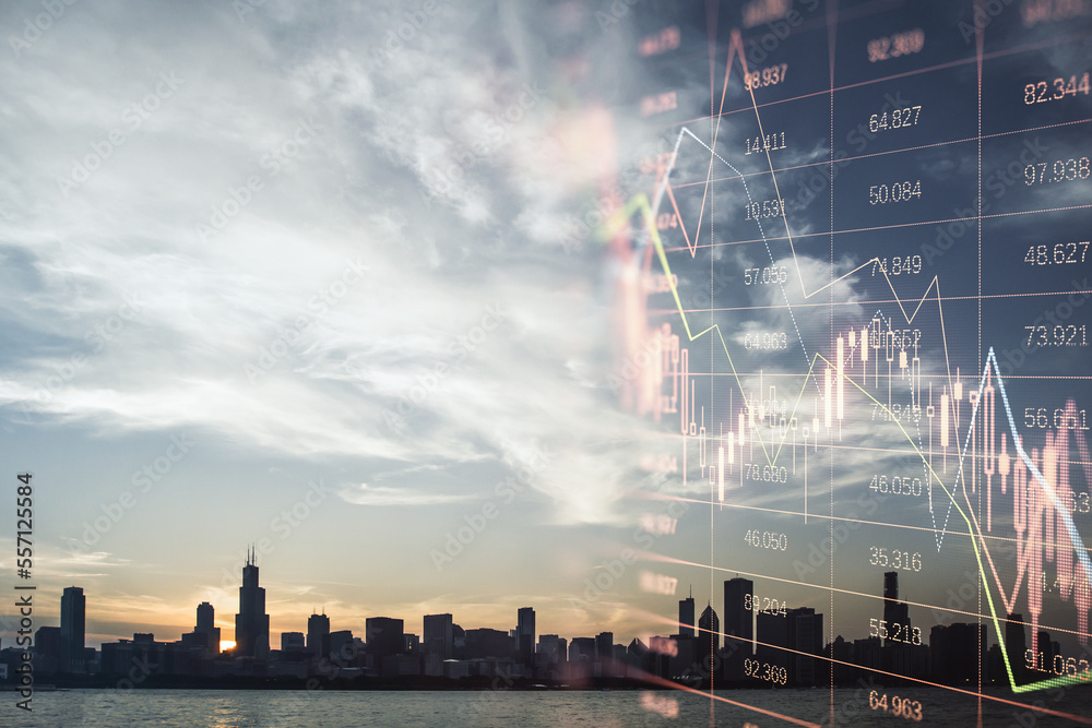 Poster Creative falling red index candlestick graph on blurry city background with mock up place in sky. Crisis, market fall, recession and money loss concept. Double exposure.