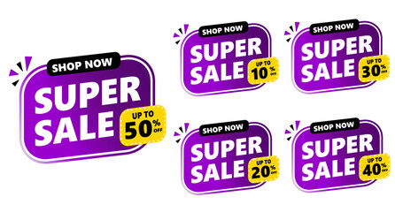 super sale discount banner promotional template purple background set, free vector perfect for your product promotion sales. up to 10-50 % off