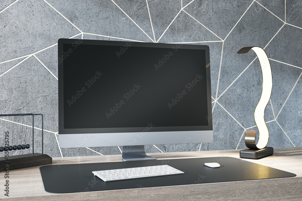 Aufkleber Close up of luxury designer desk top with empty black computer monitor, various items and light concrete wall. Mock up, 3D Rendering.