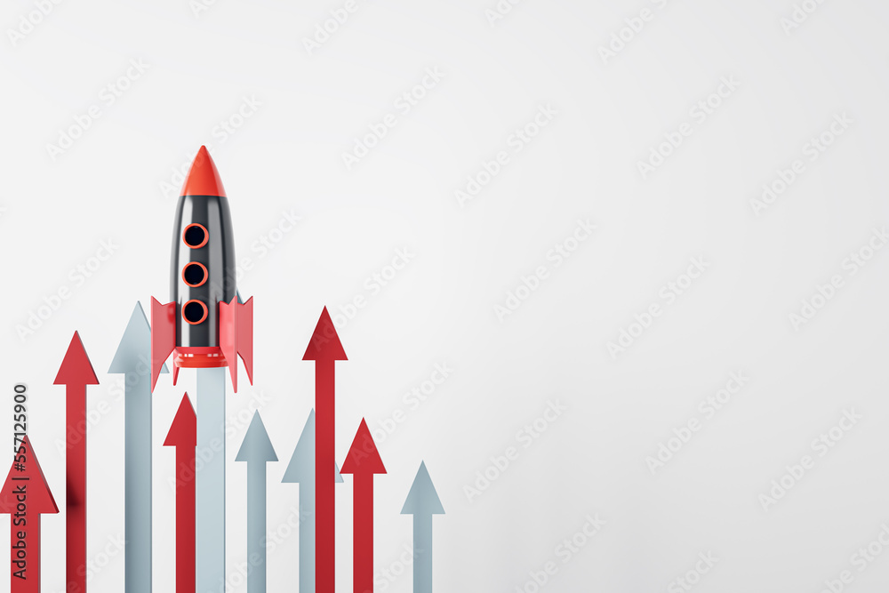 Poster Launching rocket with arrows on white background with mock up place. Start up and new beginning concept. 3D Rendering.