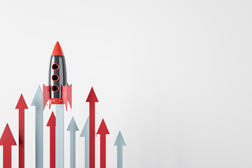 Launching rocket with arrows on white background with mock up place. Start up and new beginning concept. 3D Rendering.