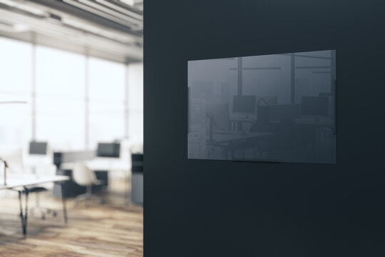 Modern blurry office interior with empty glass banner with reflections on dark wall. Mock up, 3D Rendering.