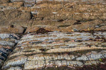 Close up view of Flysch geological coastline, rocks of Flysch formations in Zumaya in the Basque Country, Spain