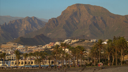 Splendid panoramic photo of Teide with Las Americas of Tenerife (Canary Islands). Palm trees,...