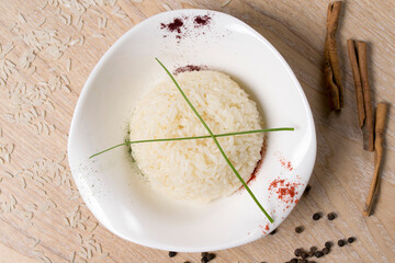 boiled rice in white plate
