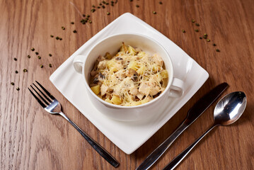 dish farm, potato, cheese, meat