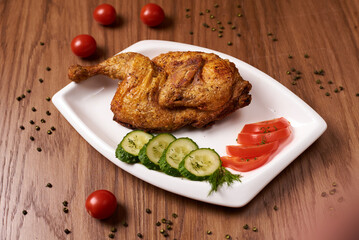 fried chicken with tomatoes and cucumbers