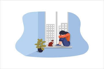 Woman in depression with bewildered thoughts in her mind with cat