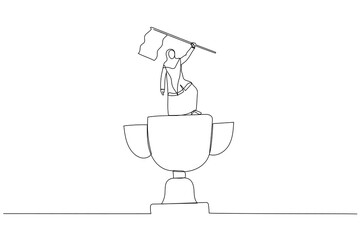 Illustration of muslim woman enterpreneur winner raising flag on winning trophy concept of victory. Single continuous line art style