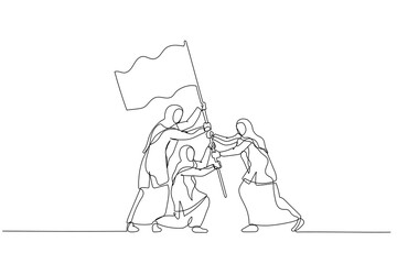 Drawing of muslim woman enterpreneur with flag as a symbol of success and heights. Continuous line art