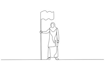 Drawing of muslim woman enterpreneur hold flag demonstrate goal achievement showing leadership. Single continuous line art
