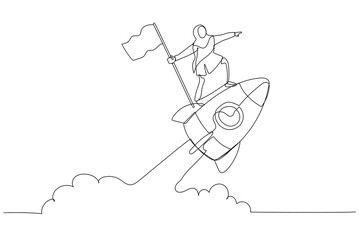 Cartoon of muslim woman enterpreneur holding number one flag standing on flying rocket. One continuous line art style