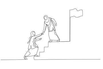 Illustration of muslim woman enterpreneur help friend to succeed and reach goal achieve target. Single line art style