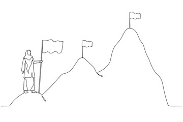 Cartoon of muslim woman enterpreneur climbing up mountains concept of business development. One line art style
