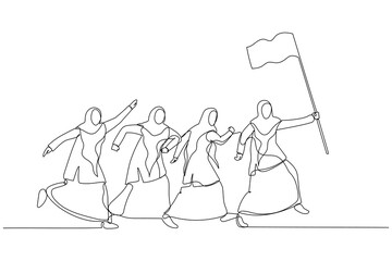 Illustration of muslim woman enterpreneur hold flag and lead the way. Single line art style