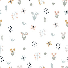 Hand drawn cute flower seamless pattern. Naive vector illustration with flowers and butterflies, strawberries and herbs. Cartoon forest clearing. Baby design for fabric, packaging, scrapbooking