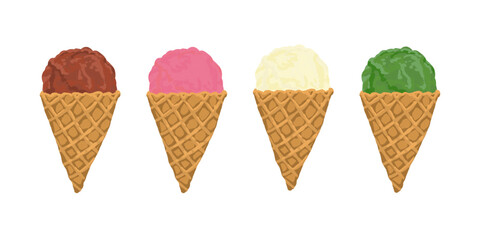 手描きのアイスクリームイラスト チョコ・苺・バニラ・抹茶