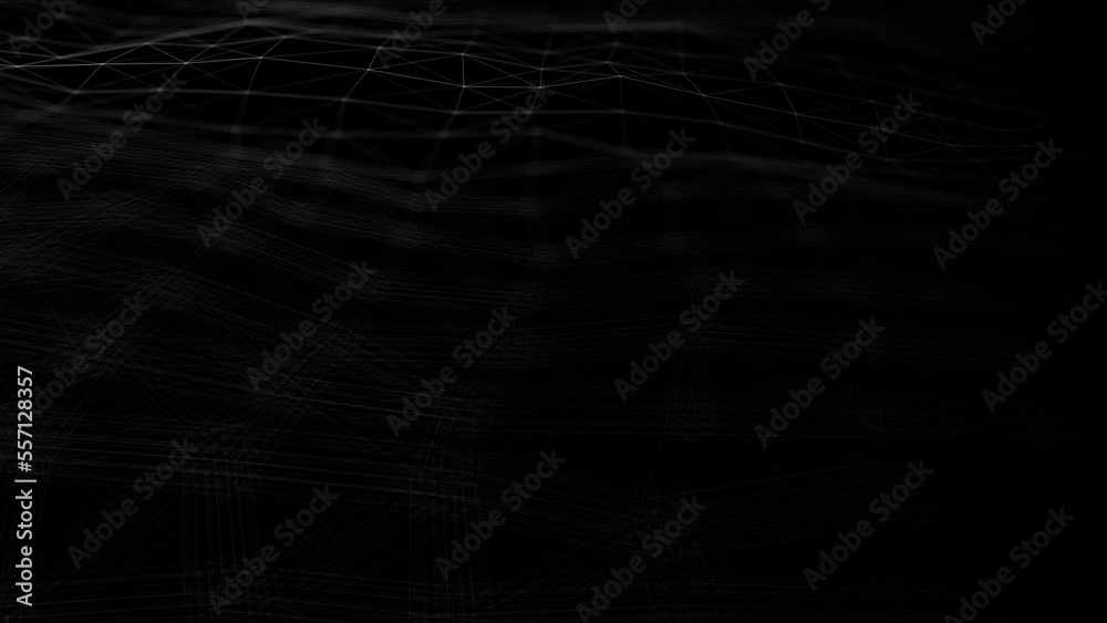Poster Wave of digital particles on a black background. Abstract interlacing lines and points. Digital connection of elements. Simulation of the movement of small particles. 3D rendering.