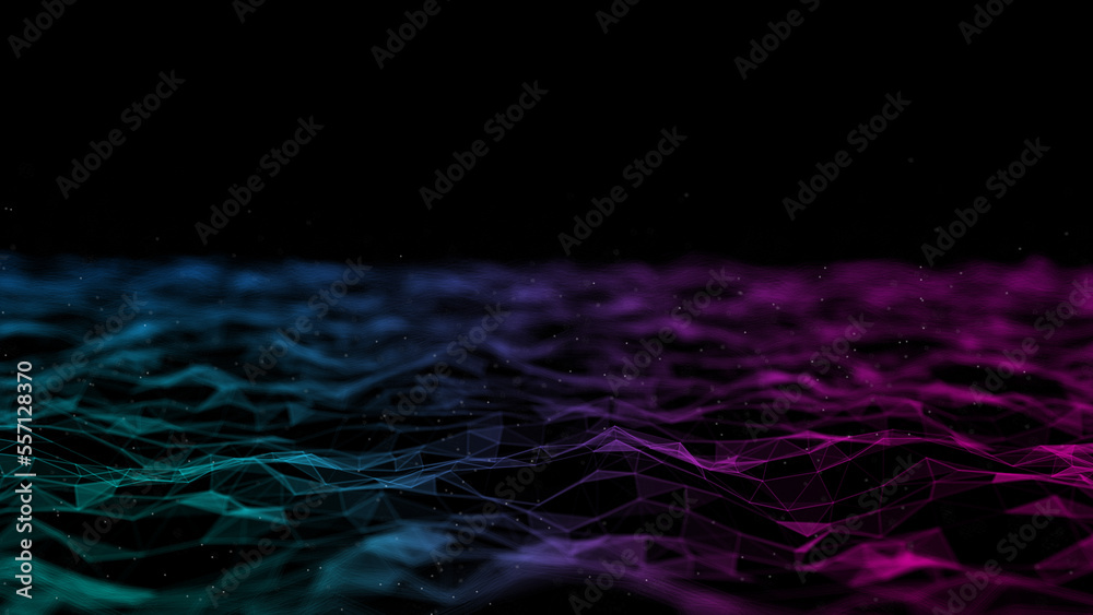 Poster Futuristic wave with lines and dots. Abstract background with a dynamic wave. Particle placement with hanging dots in space. Large data background. 3d rendering.